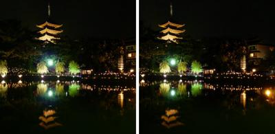 猿沢池と興福寺五重塔ライトアップ 交差法3D立体ステレオ写真