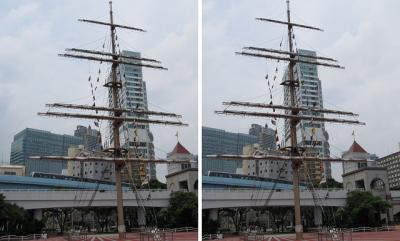 竹芝ふ頭公園の帆とゆりかもめ 交差法3Dステレオ立体写真