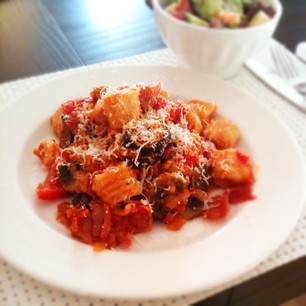 gnocchi with grilled vegetables and ham, tomato sauce